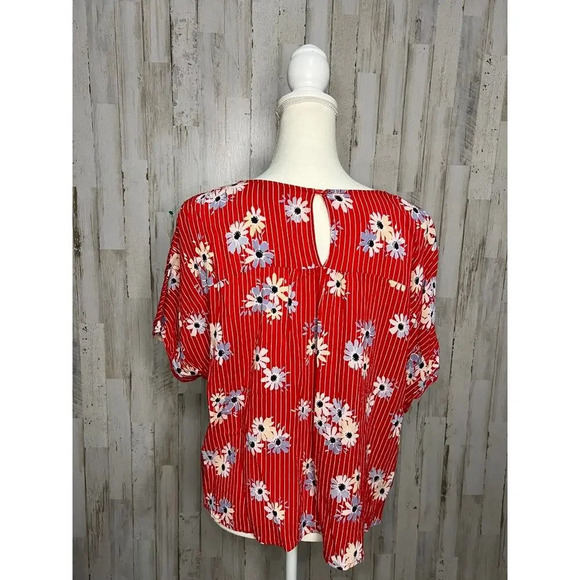 Madewell Women's Large Floral Cropped Blouse Red V-Neck Short Sleeve - Picture 3 of 5